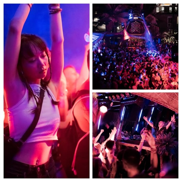 夜のライトアップされたカフェ・デル・マーとDJブースの様子