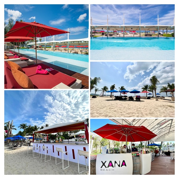 昼間のXANA Beach Clubでくつろぐカバナとビーチチェアエリア
