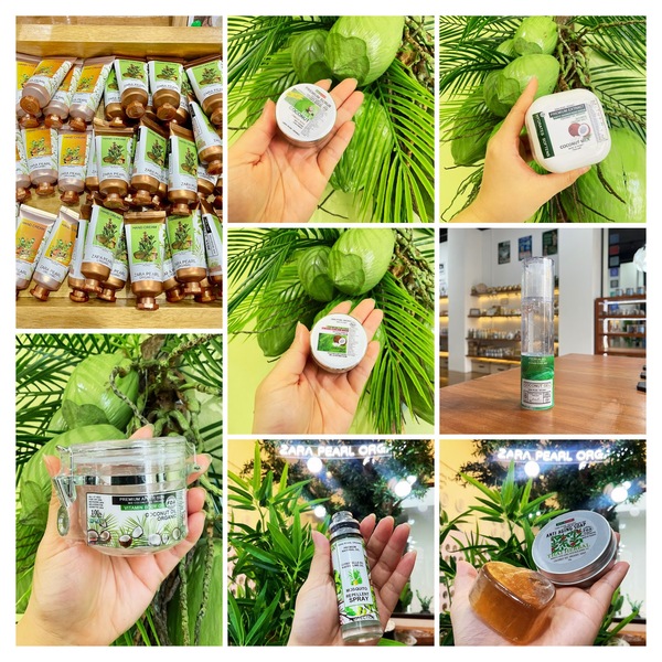ZARA PEARL ORGANIC プーケット店の店内ディスプレイ。オーガニックコスメ製品が整然と並んでいる様子。